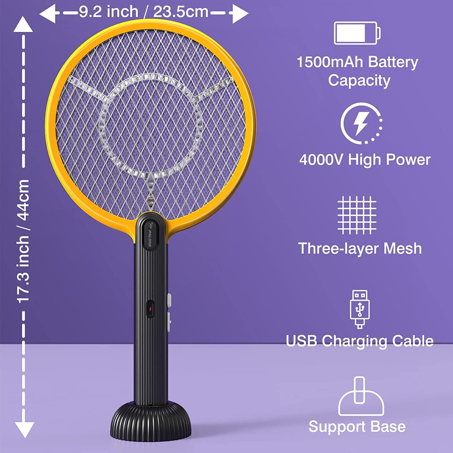  Electric Fly Swatter 4000V Bug Zapper Racket 2 in 1 Fly Swatter Electric Fly Zapper Racket with 3 Layers Safety Mesh USB Rechargeable Insect Racket for Mosquitoes Flies Gnats (Yellow/Black)