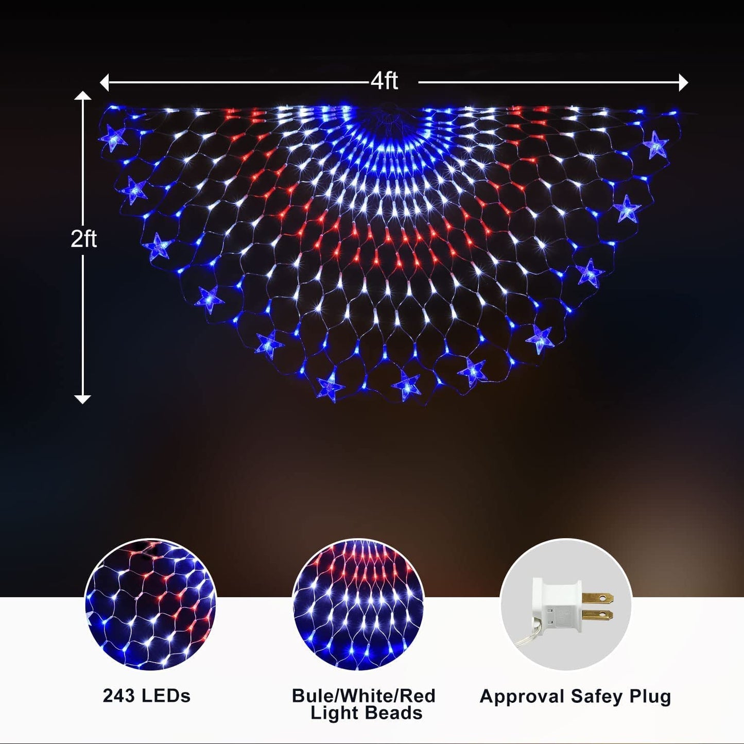  American Flag Lights,American Flag LED Net Lights Plug-in Half USA Flag String Lights of United States for Garden Patio Holiday Party July 4th Decoration 