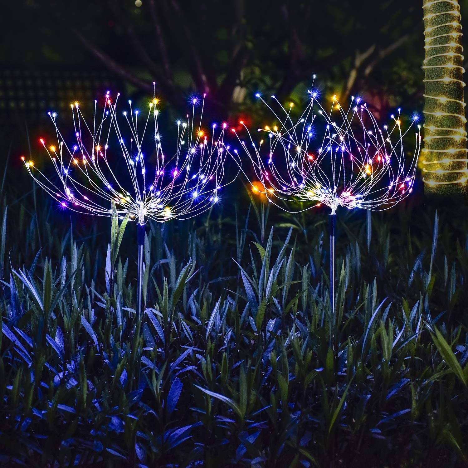  Solar Garden Lights Outdoor Waterproof, LED Firefly Starburst Firework Light for Pathway Patio Lawn Backyard Flowerbed Party Christmas Decorations with 120 LEDs 8 Mode 2 Pack Warm White Oval