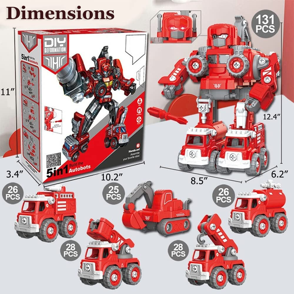 Take Apart Robot Toys for Kids, 5 in 1 Fire Truck Car Vehicle Set Transform into Robot, STEM Building Toy for Toddlers Boys Girls Ages 3+(Red)