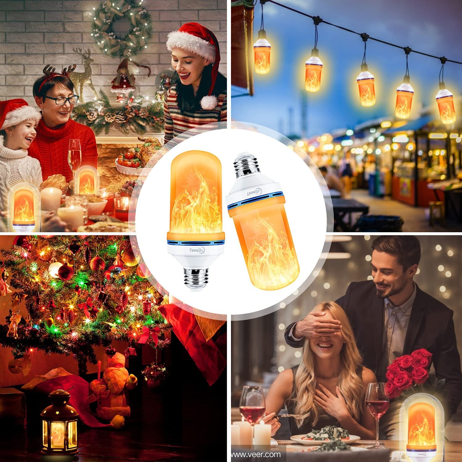 2 Pack LED Flame Effect Light Bulb, 4 Modes E26 Base Fire Light Bulbs with Gravity Sensor, Flickering Light Bulb for Indoor / Outdoor / Home / Christmas Decoration 