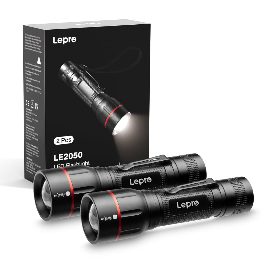  2-Packs LED Flashlights with Clip LE2050 Flashlight High Lumen Super Bright, 5 Lighting Modes, Zoomable Waterproof Lightweight Flashlights for Emergencies,Camping, Powered by AAA Battery,