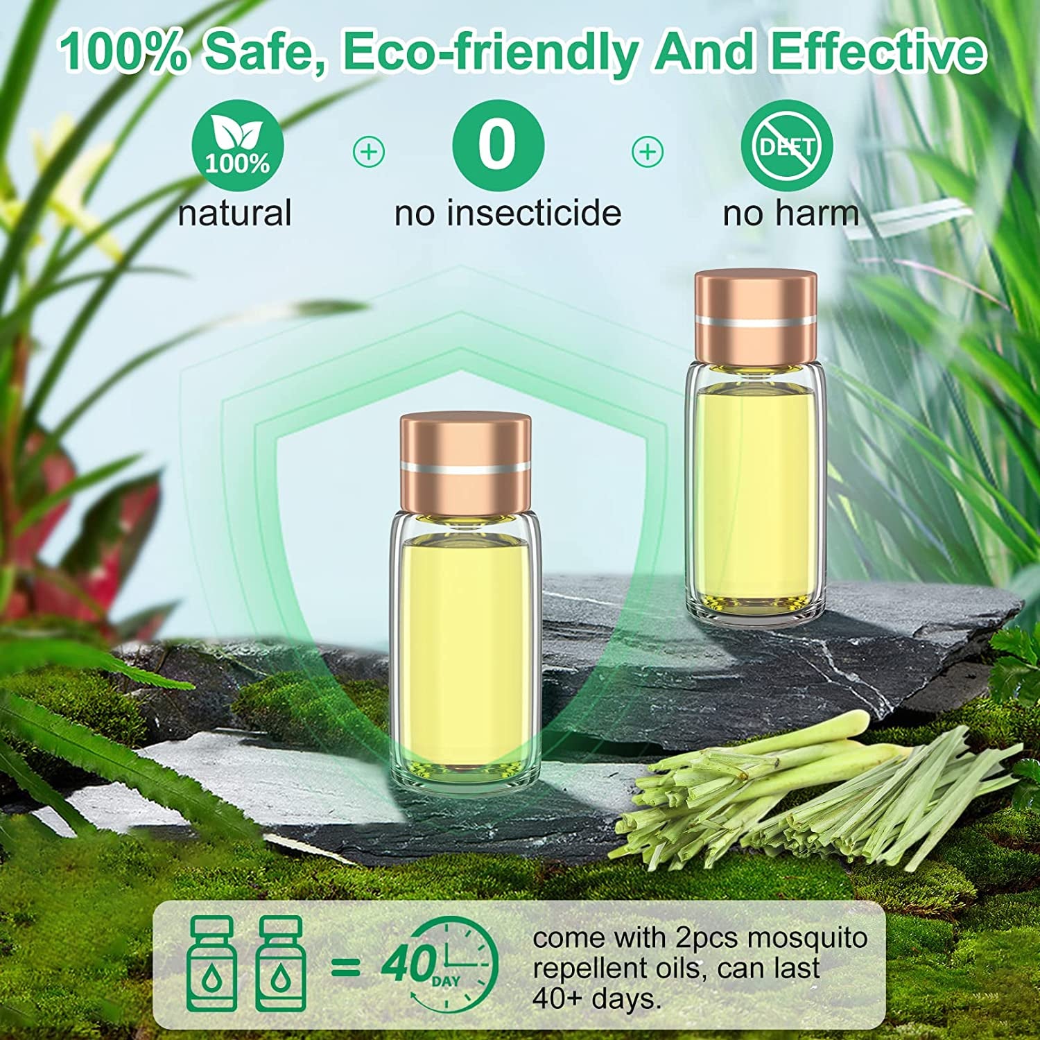 Mosquito Repellent Outdoor, 100% Natural Citronella Oil Mosquito Repeller Indoors [Infant Grade], DEET-Free, Portable Rechargeable Bug Mosquito Control for Patio, Room, Yard, Trip, 2X Refills
