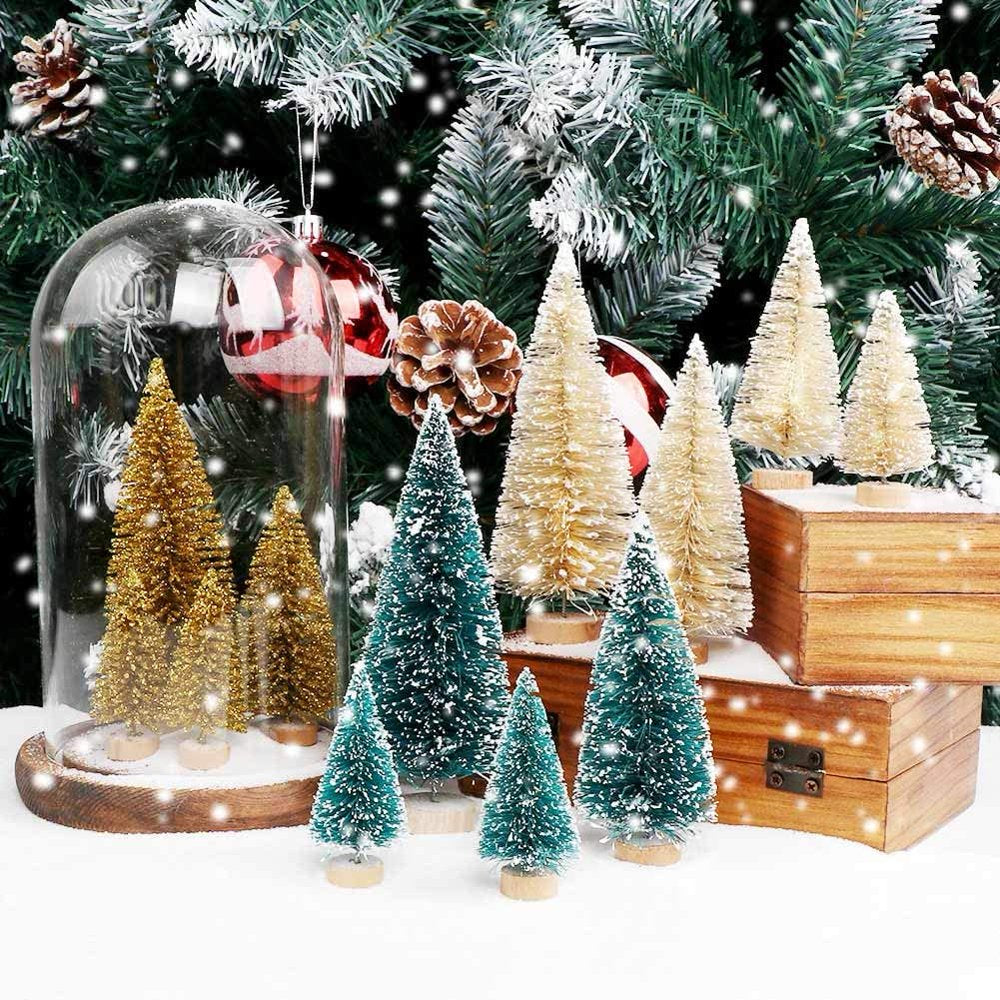Ayieyill 30PCS Artificial Mini Christmas Trees, Upgrade Sisal Pine Trees with Wood Base Bottle Brush Trees for Christmas Table Top Decor(Green, Gold and Ivory)