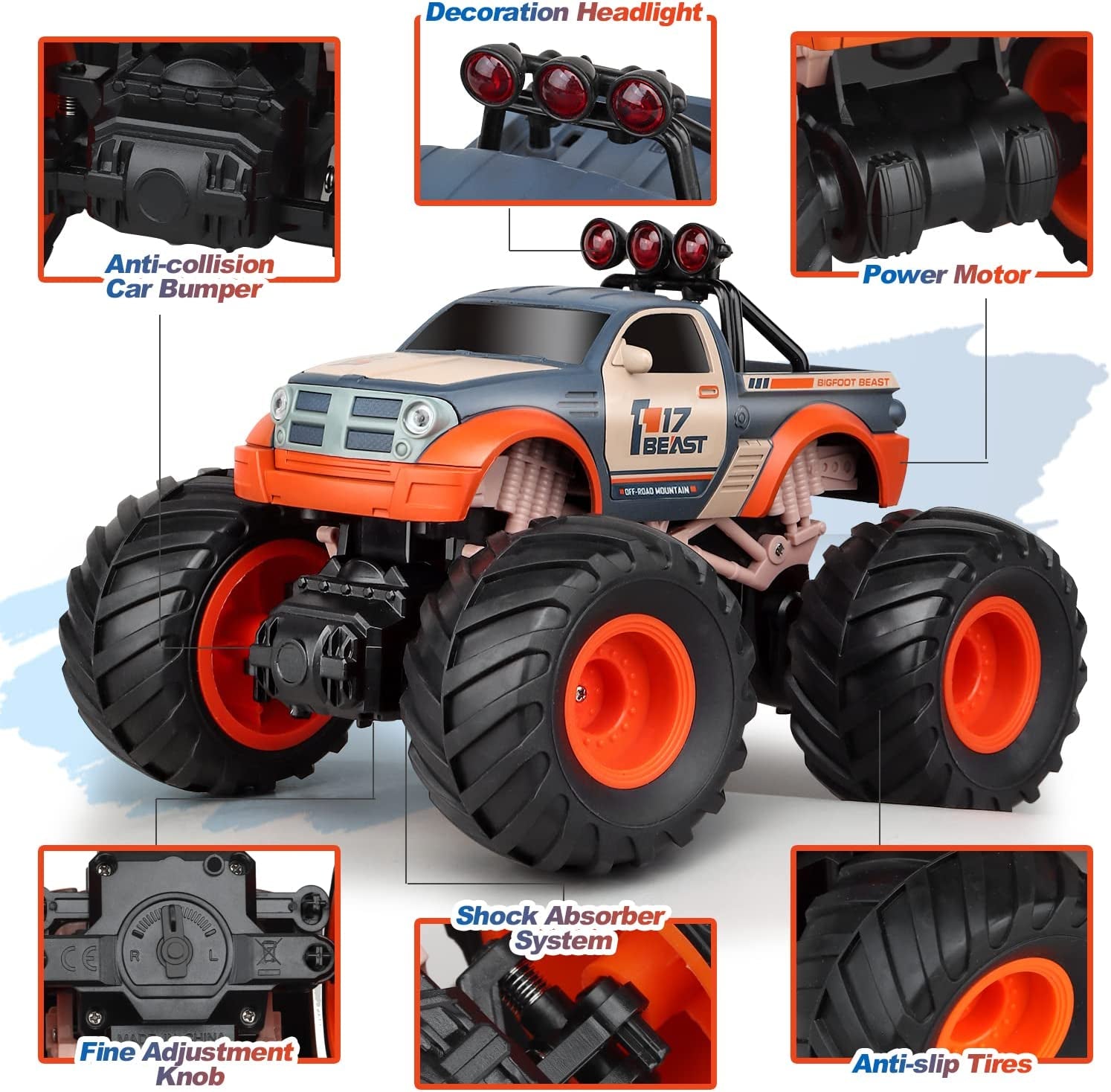 Remote Control Truck, ABSIROGIA 1:18 Scale RC Truck , 2.4Ghz Remote Control Monster Truck Dune Buggy Hobby Kids Toys for Kids, All Terrains High Speed 15 Km/H, with 2 Rechargeable Batteries