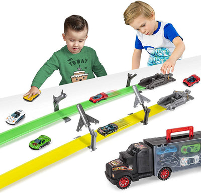 Toddler Toys for 3-5 Year Old Boys,Toy Truck Carrier with 12 Die-Cast Vehicles Toy Cars and 2 Race Tracks,Gift for Kids Age 3 4 5 6 7