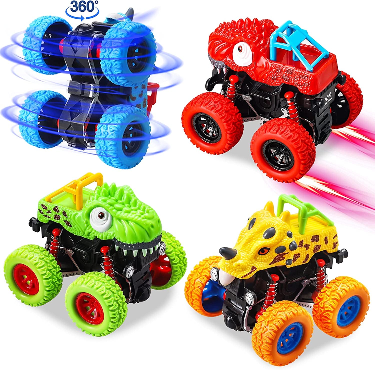 Aovowog Toddler Monster Truck Toys for Boys, 4 Pack Pull Back Cars, Friction Powered Cars for Kids, Dinosaur Toys for 3 4 5 6 Year Old Boys - Christmas Birthday Party Gift for Kids