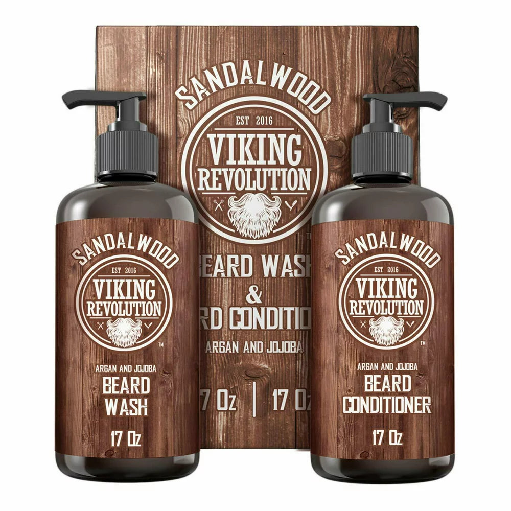 Beard Wash & Beard Conditioner Set, Argan & Jojoba Oils - Natural Sandalwood Scent - Beard Shampoo & Beard Oil - 10 Oz