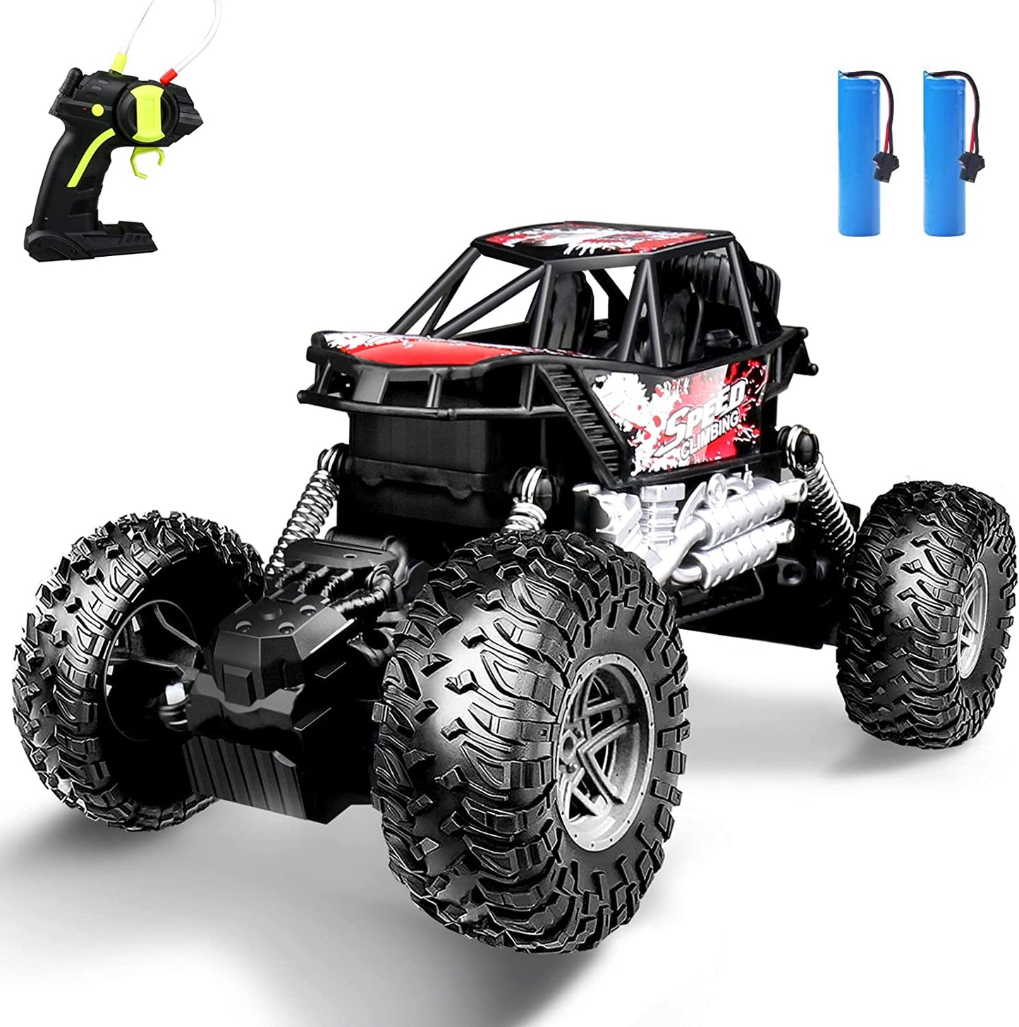 1:18 Scale All Terrains RC Monster Vehicle Truck Crawler, 4WD High Speed Electric Vehicle with Remote Control, off Road Truck with Two Rechargeable Batteries for Boys Kids and Adults(Red)