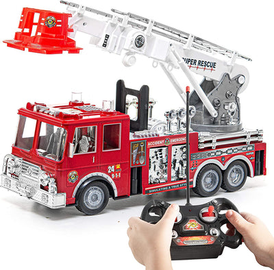 13'' Remote Control Fire Truck - Rescue R/C Fire Engine Truck Remote Control Truck Best Gift Toy for Boys with Lights, Siren, and Extending Ladder