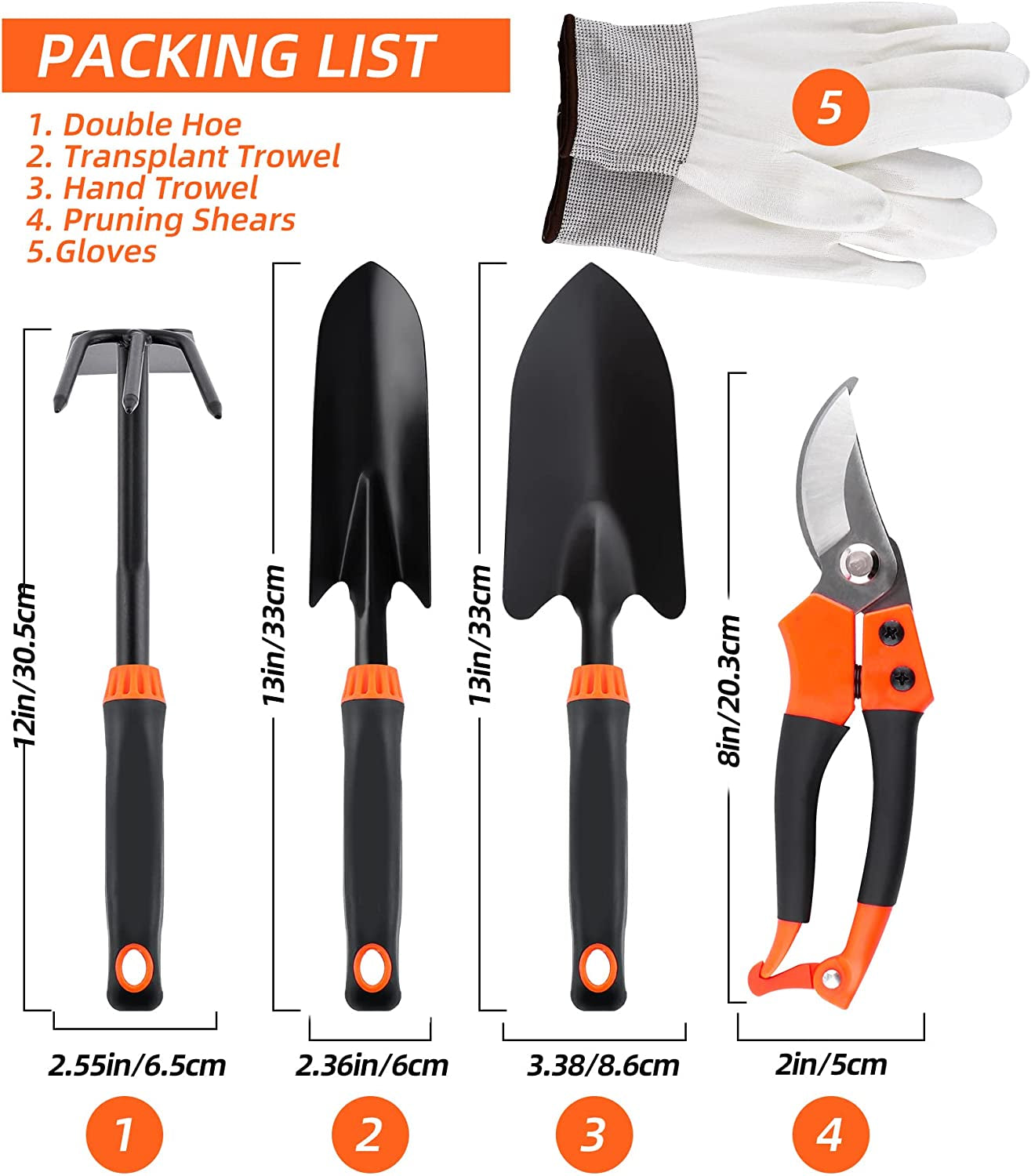  Garden Tool Kit Pruning Shears, Hand Trowel, Transplant Trowel, Hand Rake with Hoe, 5-Piece