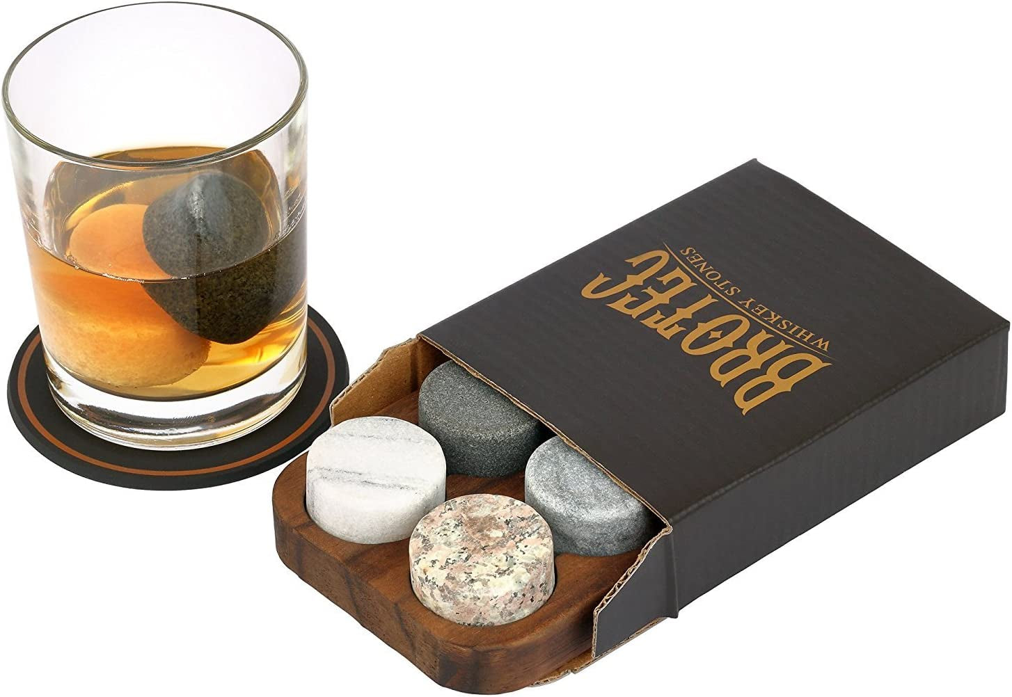 Whiskey Stones Gift Set - 6 Granite Round Beverage Chilling Drinking Stones Whiskey Rocks with 2 Extra Whisky Glasses Coasters - Premium Sipping Rocks in Elegant Wooden Storage Tray - Bar Accessories