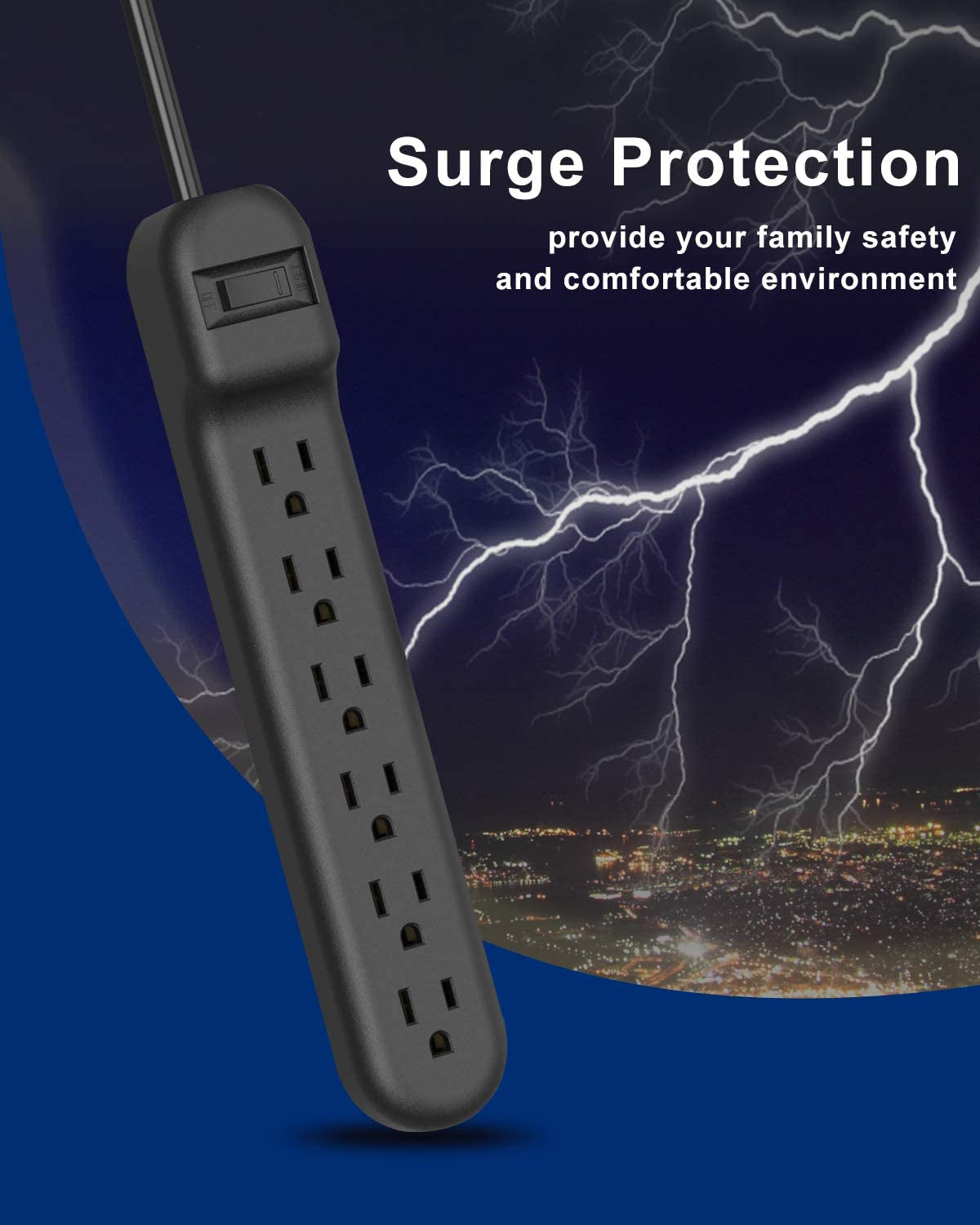 Wishinkle Surge Protector with 6 Outlets, 2.5-Foot Flat Plug Extension Cord Power Strip, 500 Joule, Multiple Protection Outlet Strip for Home, Office, Travel, School, Pack of 2