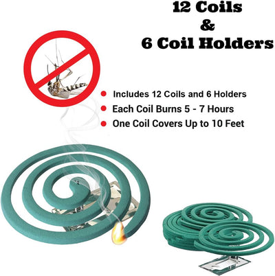  Mosquito Repellent Coils - Outdoor Use Reaches Up to 10 feet - Each Coil Burns for 5-7 Hours (Three Pack Contains 12 coils & 6 Coil Stands)