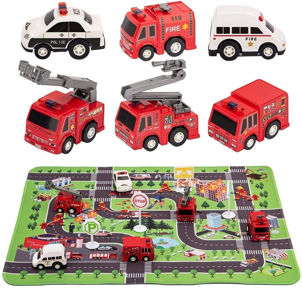 Fire Truck Toys with Play Mat，Fire Vehicles Set Include 6 Fire Engines, 14" X 18" Fire Rescue Playmat, Mini Pull Back Car Toys，Mini Rescue Emergency Transport Vehicle Birthday Christmas