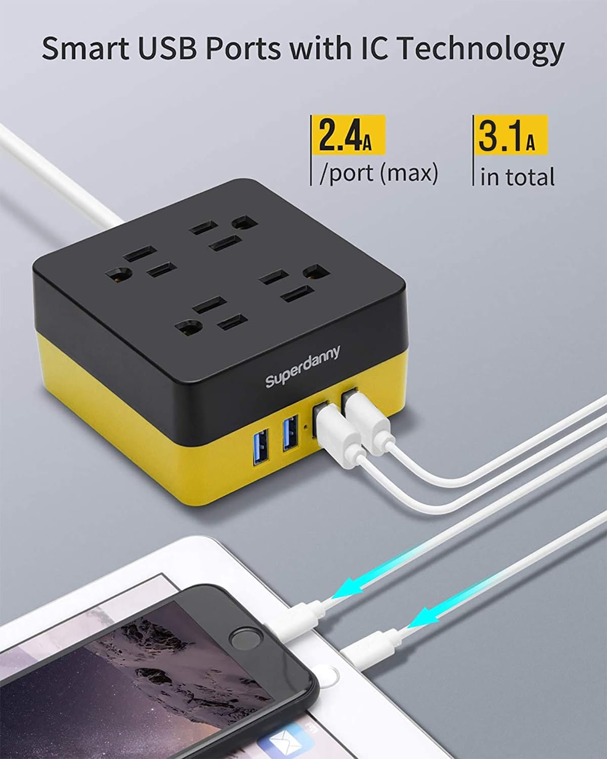 4 Widely Spaced AC Outlets and 4 Smart Charging USB Surge Protector, Desktop Charging Station with Extension Cord for Home, Office, Hotel, Dorm, RV
