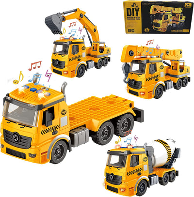 Take Apart Construction Toys for 4 5 6 7 8 Year Old Boy, 1 Truck and 3 Backs Assemble to Mixer, Excavator & Crane, 3 in 1 DIY Kids Stem Toy Truck with Sound and Light for Christmas & Birthday