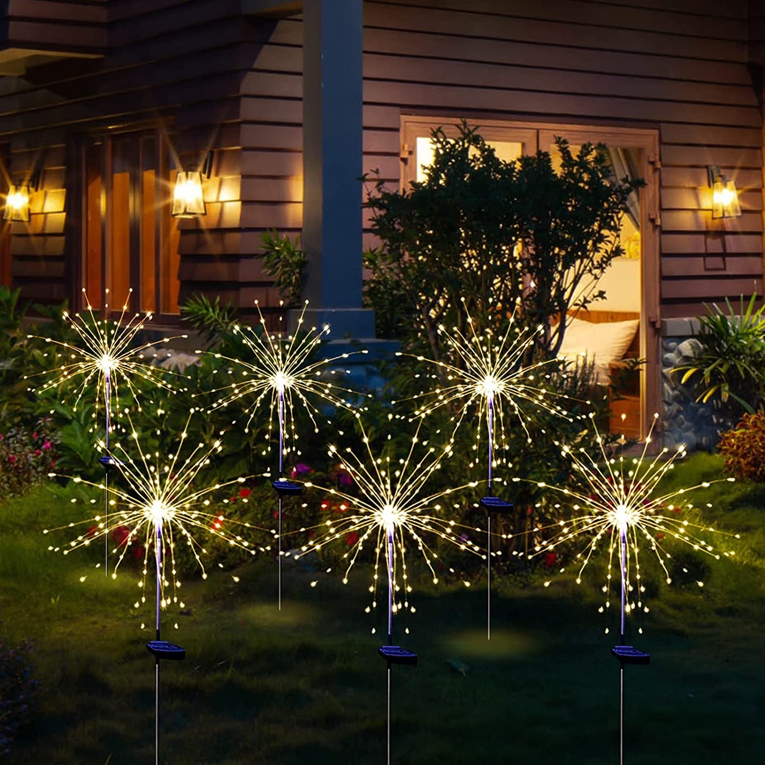 Solar Garden Firework Lights Outdoor Waterproof 2 Pack Solar Powered Art Stake Twinkle Lighting for Outside Decor, 120 LED Sparklers String Lights for Yard Pathway Patio Party Decorations (Warm)