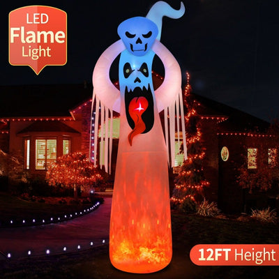 12Ft Giant Halloween Inflatables White Ghost with 3D Tongue and Holding Small Ghost above Head Built-In LED Flame Light, Blow up Outdoor Lawn Yard Garden Decorations