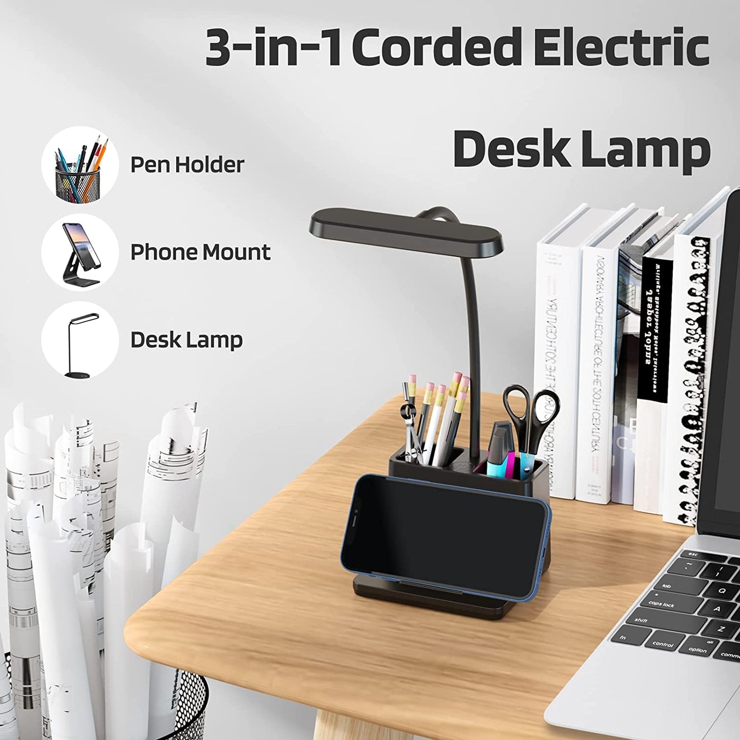 450LM Small Desk Lamp, LED Desktop Lamps for Home Office, Black Desk Light with Pen Holder, Photo Mount, Flexible Gooseneck, Kids Study Desk Lamp for College Dorm Room, Charger Adapter Included