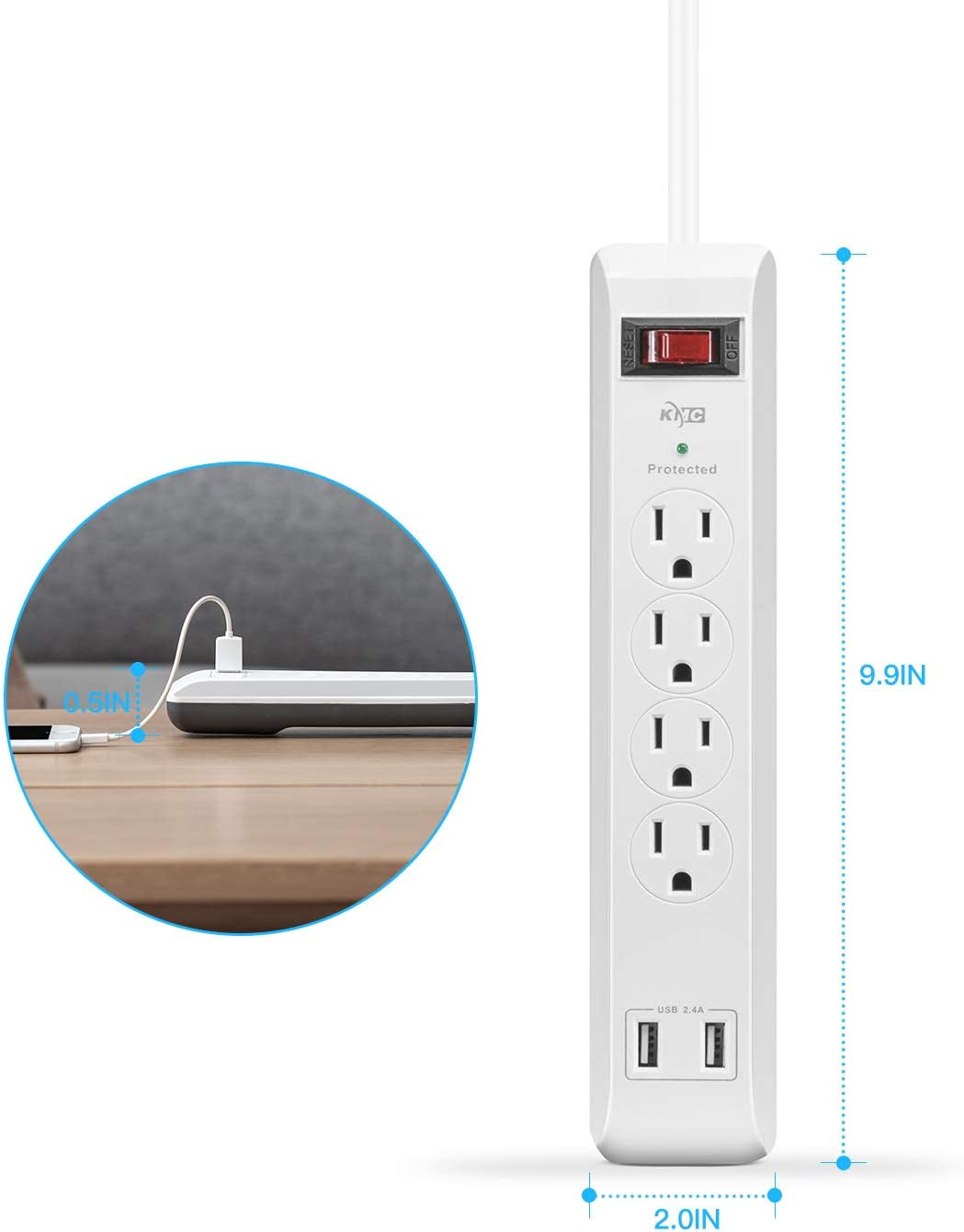 4-Outlet Surge Protector Power Strip 2-Pack, Overload Protection, 4-Foot Cord with 2.4A 2-Port USB Ports, ETL Listed