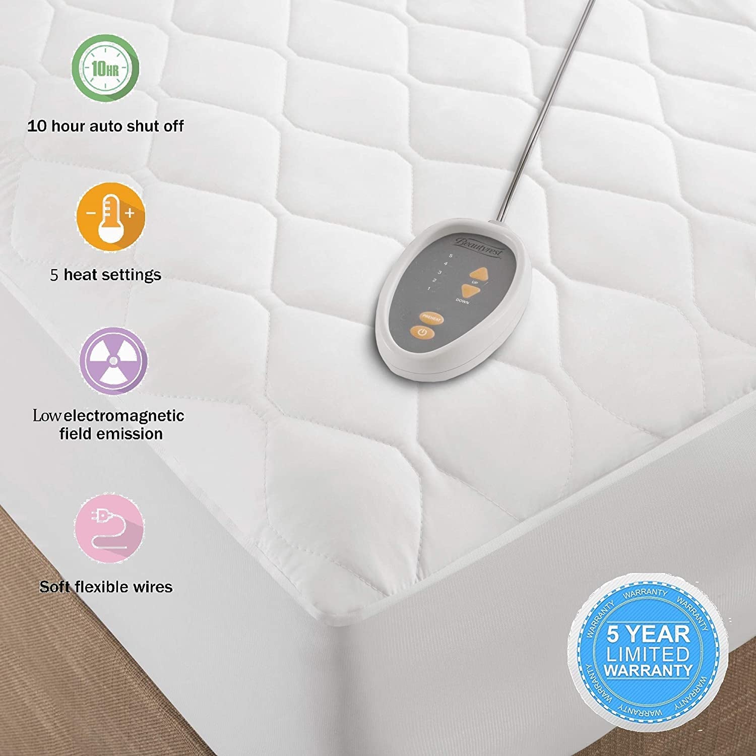 Beautyrest 3M Scotchgard Heated Mattress Pad - Electric Bed Warmer with 5 Heat Settings, 10 Hr Auto Shut off Timer, All around Elastic Deep Pocket, UL Certified, Machine Washable, White Twin XL