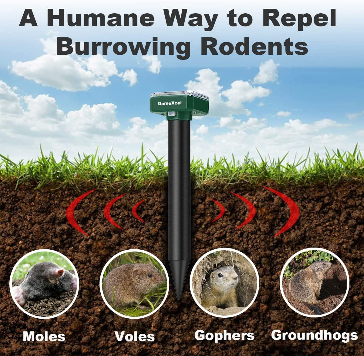 Solar Mole Repeller Gopher Repellent Ultrasonic Solar Powered 2pcs Pest Repeller for Mole Repeller Rodent Gopher Deterrent Vole Chaser for Lawn Yard & Garden 