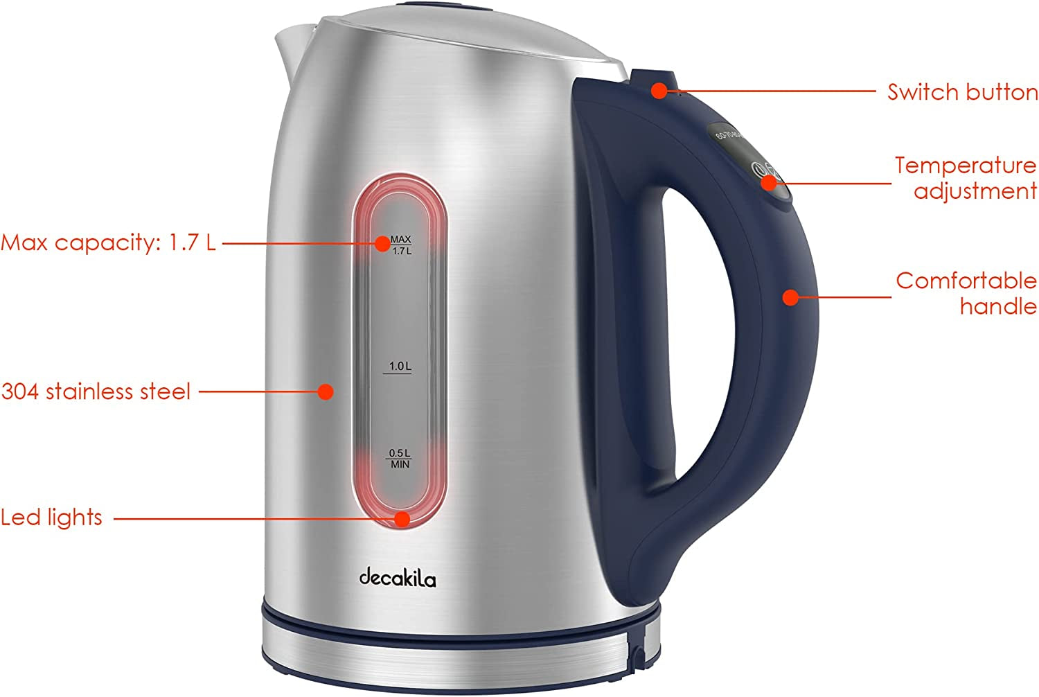 Electric Kettle for Boiling Water, Tea Kettle with 5 Temperature Settings,1.7L Electric Tea Kettle Temperature Control with Auto-Shutoff and Boil-Dry, Stainless Steel, 1100W 