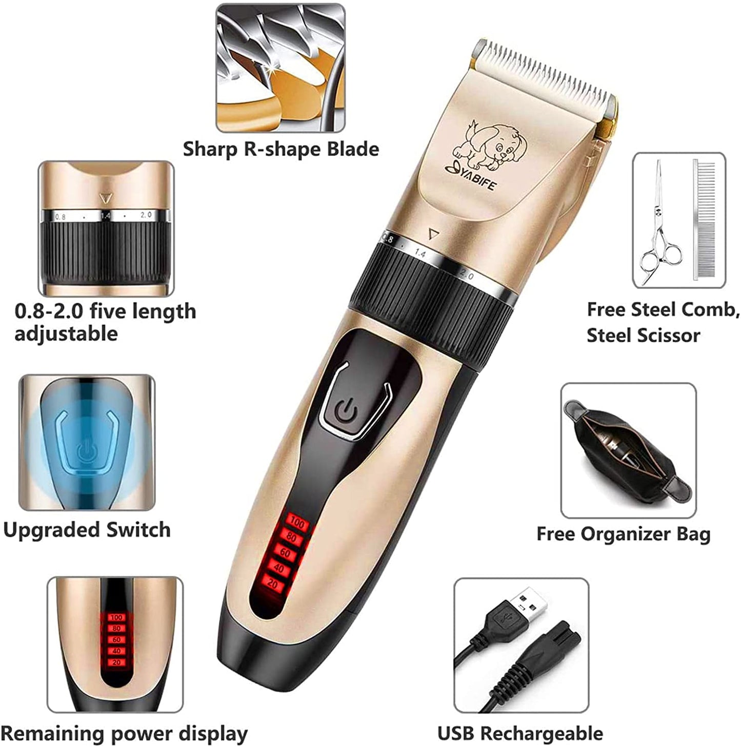 Dog Clippers, USB Rechargeable Cordless Dog Grooming Kit, Electric Pets Hair Trimmers Shaver Shears for Dogs and Cats, Quiet, Washable, with LED Display