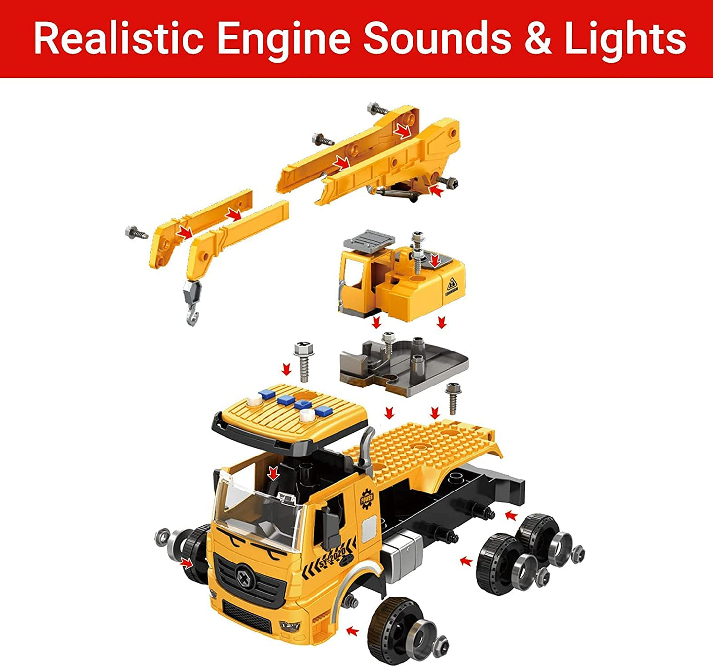Take Apart Construction Toys for 4 5 6 7 8 Year Old Boy, 1 Truck and 3 Backs Assemble to Mixer, Excavator & Crane, 3 in 1 DIY Kids Stem Toy Truck with Sound and Light for Christmas & Birthday