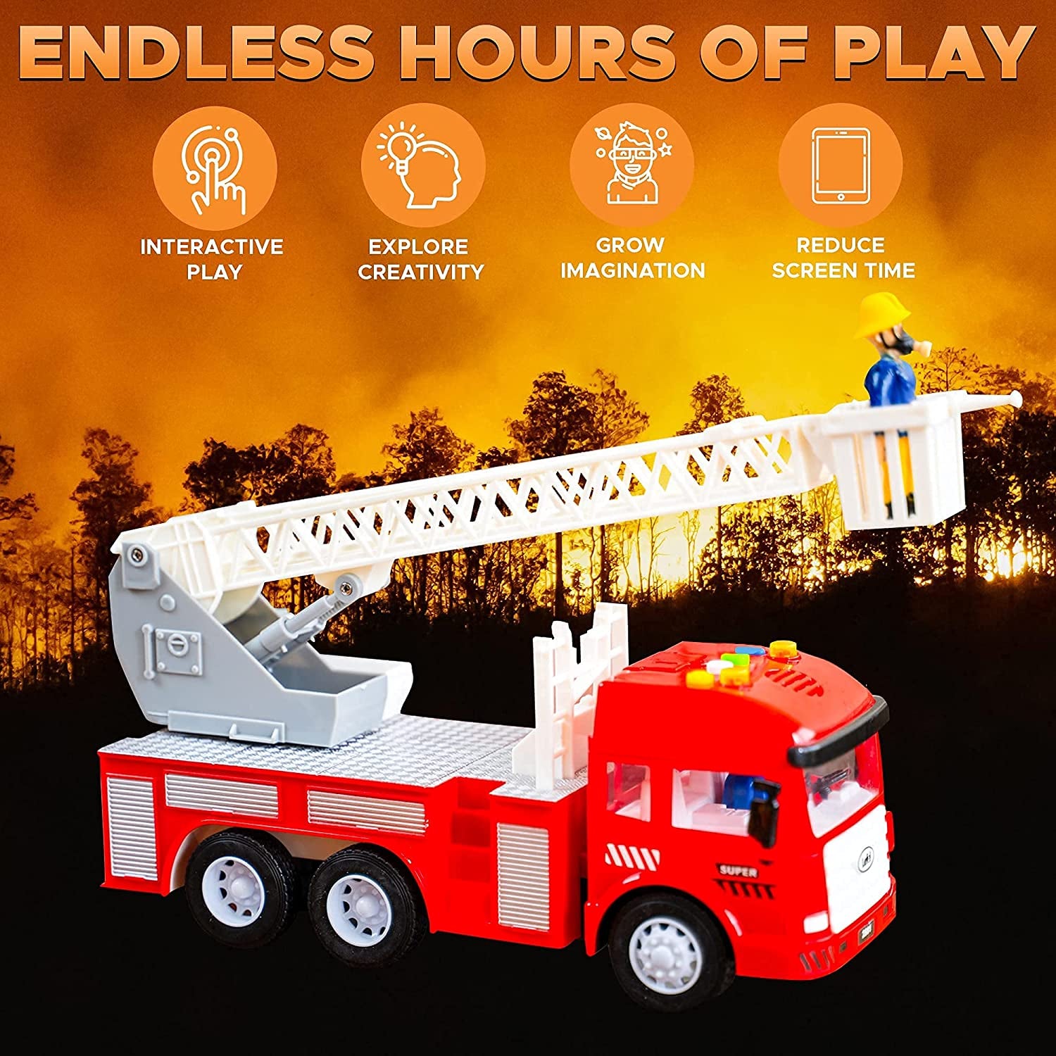 Fire Truck Toy with Flashing Lights, 4 Siren Sounds, Extending Rescue Ladder, Friction Strong Powered Firetruck Engine, Best Firefighter Playset Birthday Gift for Toddlers, Kids, Boys, Girls