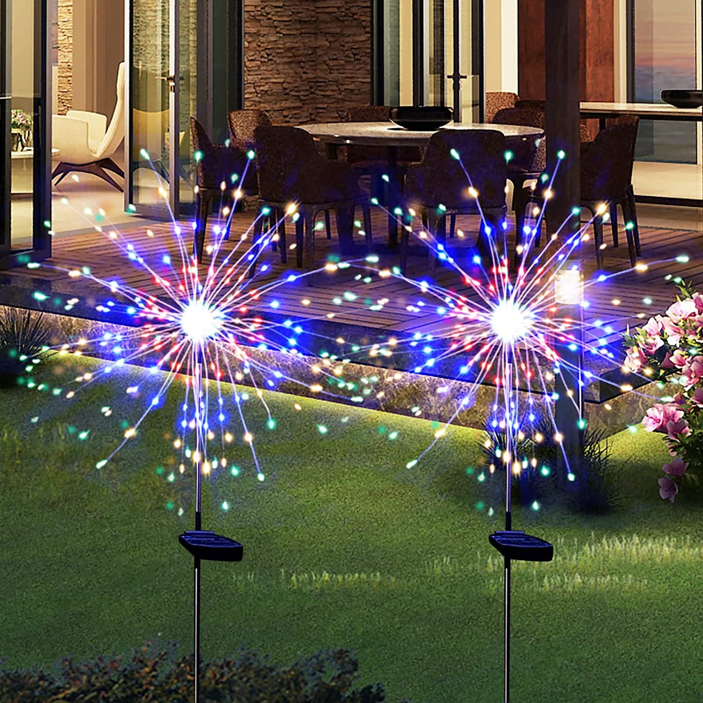 Solar Garden Firework Lights Outdoor Waterproof 2 Pack Solar Powered Art Stake Twinkle Lighting for Outside Decor, 120 LED Sparklers String Lights for Yard Pathway Patio Party Decorations (Warm)